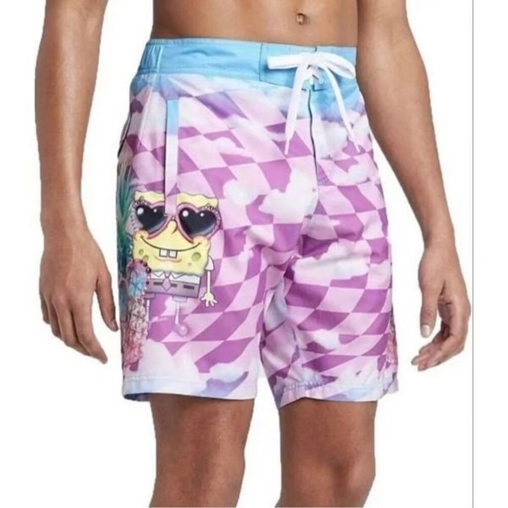 Nickelodeon Men's Spongebob Rally Stripe Board Shorts/Swim Trunks